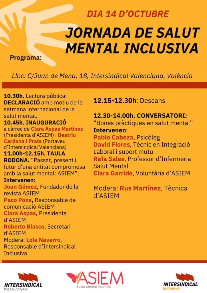 Cartel de la Jornada sobre Salut Mental Inclusiva que organitza ASIEM i Intersindical Valenciana el proper 14 d'octubre